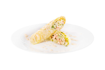 Salad in pita bread, pancake with cucumber, zucchini, egg, cheese, sausage, ham, meat, mayonnaise, sauce, as roll on plate, white isolated background Side view. For the menu restaurant bar cafe