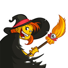 Cartoon cute witch with cauldron and broom. 
