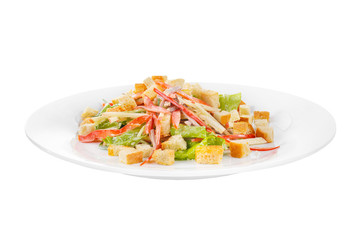Salad with meat, vegetables, fruits and breadcrumbs, white isolated background Side view. For the menu, restaurant, bar, cafe