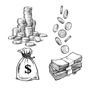 Finance, money set. Sketch of stack of coins, paper money, sack of dollars falling coins in different positions. Black and white hand drawn vector illustration. Vector