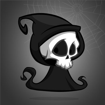Cute cartoon grim reaper isolated on white. Cute Halloween skeleton death character icon