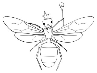 isolated object coloring, black lines, white background. The insect, the head of the ants, the queen in the crown and the scepter. Vector comic imitation.