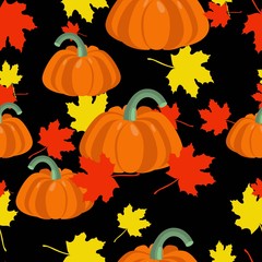 Autumn leaves and pumpkins seamless pattern. Seasonal floral maple leaves with gourds for thanksgiving holiday, harvest decoration vector design.