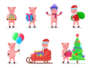 Vector set of cute little animal piglets