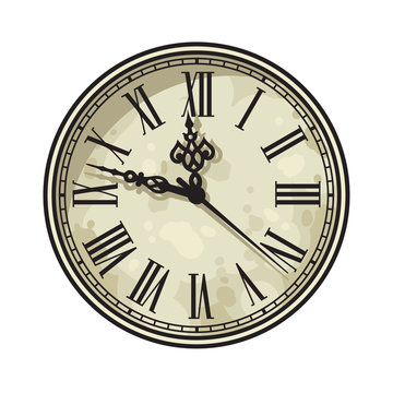 Vintage clock face with Roman numerals. Vector illustration.