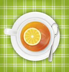Tea with lemon, saucer, spoon, green cloth. Vector illustration
