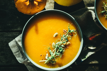 Oktoberfest concept - traditional food and seeds on rustic background, copy space