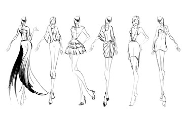 Sketch. Fashion Girls on a white background. Vector illustration.