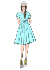 Fashion girl Sketch. Stylish fashion model. Autumn young girl.