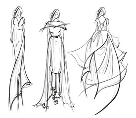 Sketch. Beautiful fashion girl. Fashion bride model in a wedding dress. Vector illustration.