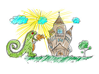 Children's drawing with a fire-breathing dragon attacking the castle. Vector sketches with characters of fairy-tales.