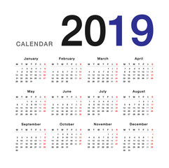 Year 2019 calendar vector design template, simple and clean design. Calendar for 2019 on White Background for organization and business. Week Starts Monday. Simple Vector Template. EPS10. 