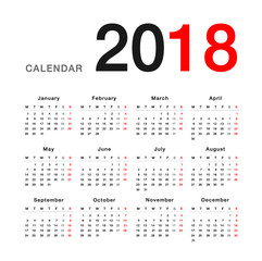 Year 2018 calendar vector design template, simple and clean design. Calendar for 2018 on White Background for organization and business. Week Starts Monday. Simple Vector Template. EPS10. 
