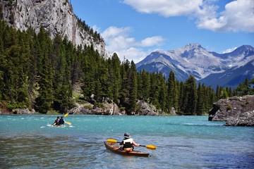 Tourists or traveller are enjoying unbeatable beauty of Rocky Mountains landscapes and Water adventure in Banff national park, Canada