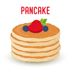 Vector cartoon pile of pancakes with berries. Strawberry, blueberry