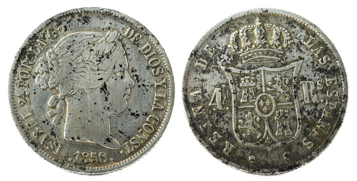Ancient Spanish silver coin of Queen Isabel II. 1858. Coined in Sevilla. 4 reales.