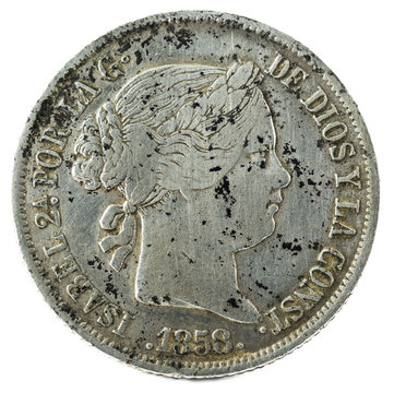 Ancient Spanish silver coin of Queen Isabel II. 1858. Coined in Sevilla. 4 reales. Obverse.