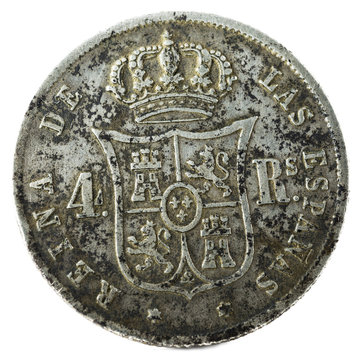 Ancient Spanish silver coin of Queen Isabel II. 1858. Coined in Sevilla. 4 reales. Reverse.