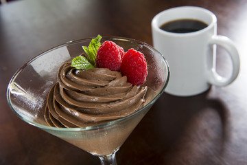 Chocolate Mousse with Mint, Raspberries and Coffee
