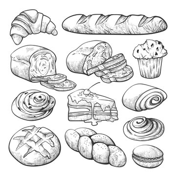 Bakery product sketch, bread and cakes set