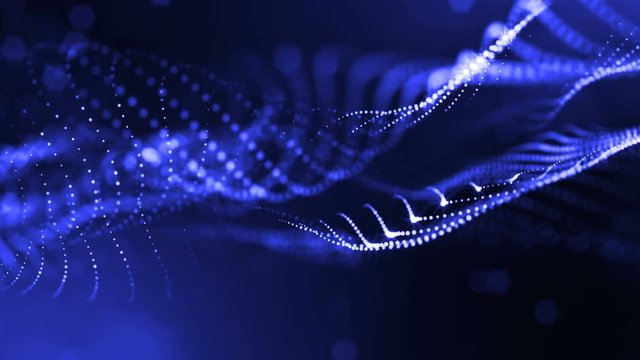 dynamic abstract background of glowing particles with shining bokeh sparkles. Dark blue composition with oscillating luminous particles. Science fiction. Smooth animation looped. 5