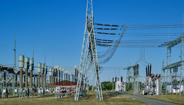 Energy Industry: High and medium voltage substation in East Germany on a sunny morning in July