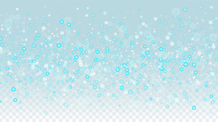 Christmas  Vector Background with Blue Falling Snowflakes Isolated on Transparent Background. Realistic Snow Sparkle Pattern. Snowfall Overlay Print. Winter Sky. Design for Party Invitation.