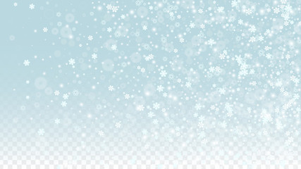 Christmas  Vector Background with White Falling Snowflakes Isolated on Transparent Background. Realistic Snow Sparkle Pattern. Snowfall Overlay Print. Winter Sky. Design for Party Invitation.