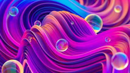 Fluid iridescent holographic background with shiny spheres