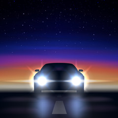 Night car with headlights against the background of a colorful starry sky, approaching along a dark road, the silhouette of a car with bright xenon and led headlights, vector illustration