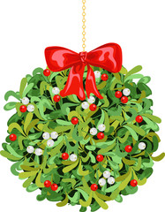 Christmas mistletoe. Ball with bow on chain
