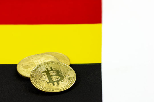 bitcoins on national flag of Belgium for digital marketing concept