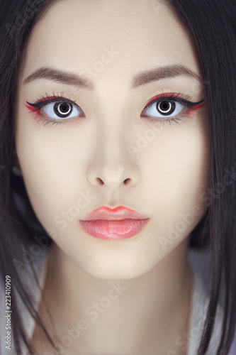 Asian Beauty Woman Skin Care Close Up Beautiful Young With Asian Beauty Woman Skin Care Close Up Beautiful Young With Perfect Face Looking At Camera Isolated On Gray Background Tender Mixed Race