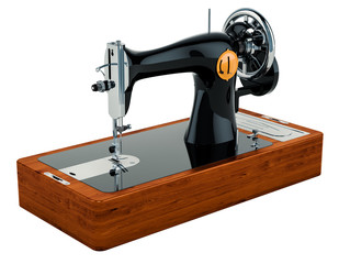 Old sewing machine side view, 3D rendering isolated on white background
