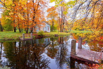 Children's house in autumn foliage in Alexander park, Tsarskoe Selo (Pushkin), St. Petersburg, Russia