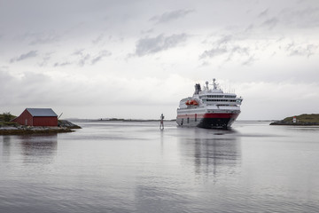 Passenger ship MS Nordnorge arrives Bronnoysund harbor in Northern Norway