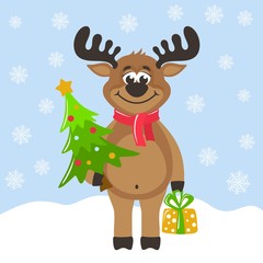 Funny reindeer. Greeting card for Christmas or New Year on a blue background. Cartoon characters with christmas tree and gift box  Flat style. Vector illustration for kids.