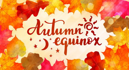 Autumn equinox -- handwritten lettering quote symbolizing equal duration of daytime and nighttime. Vector flat illustration.