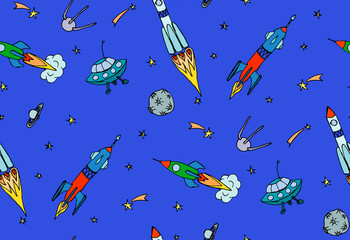 Naklejka na ściany i meble Space seamless pattern with rockets and spaceships. Hand drawn vector illustration.