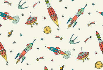 Space seamless pattern with rockets and spaceships. Hand drawn vector illustration.