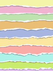 Layered oblong torn different pastel color paper fragments positioned one under another with soft shadow. Vector paper template.