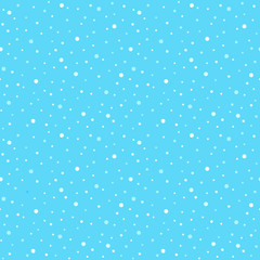 Falling snow, snowflakes, dots vector seamless pattern. White, blue splash, round blobs, spots, specks, flecks of different size chaotic background. Winter, New Year, Christmas flat snowfall texture.