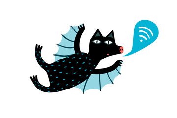 Flying cute sending wifi sign bat animal.