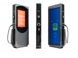 Modern electric refueling with payment outside for electric car front view 3d render on white background no shadow
