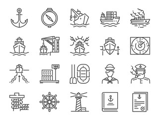 Marine port icon set. Included icons as sea freight services, ship, Shipping, cargo, container and more. - obrazy, fototapety, plakaty