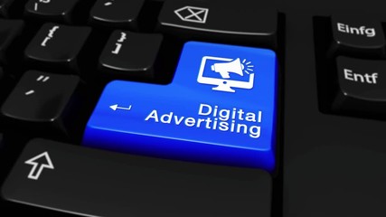 117. Digital Advertising Round Motion On Blue Enter Button On Modern Computer Keyboard with Text and icon Labeled. Selected Focus Key is Pressing Animation. Advantage Marketing Concept