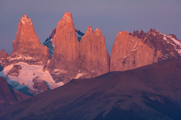 Torres del Paine, Patagonia, Chile. Early morning with pink light