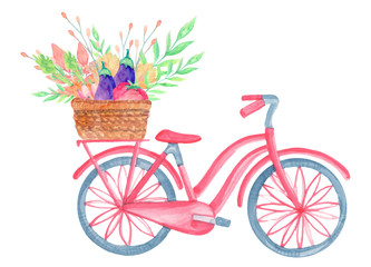 Fototapeta na wymiar postcard cartoon watercolor bike with a basket of autumn harvest, aubergine, tomato, fallen leaves isolated on white background