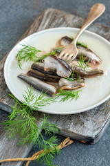 Plate with spicy anchovies in oil with green dill.