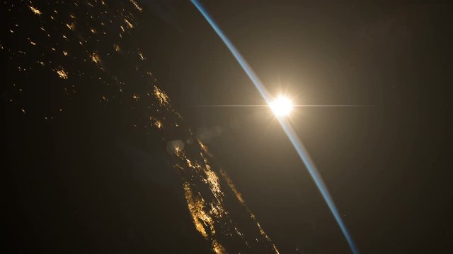 Sunrise from space. Earth from space. Version 2018. Beautiful atmospheric sunrise from Earth orbit. Realistic clouds and atmosphere. View from ISS. Contains space, sun, world, planet. Sat Img by NASA.